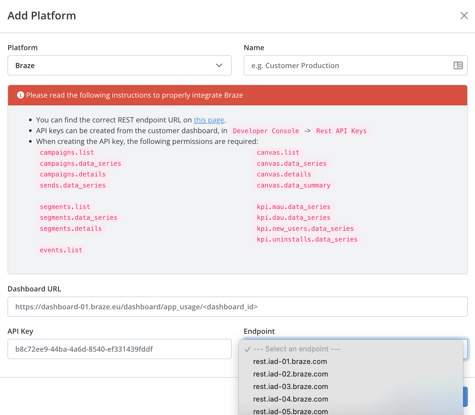 A página "adicionar plataforma" da actionable.me da que a equipe de operações da actionable.me configurará.