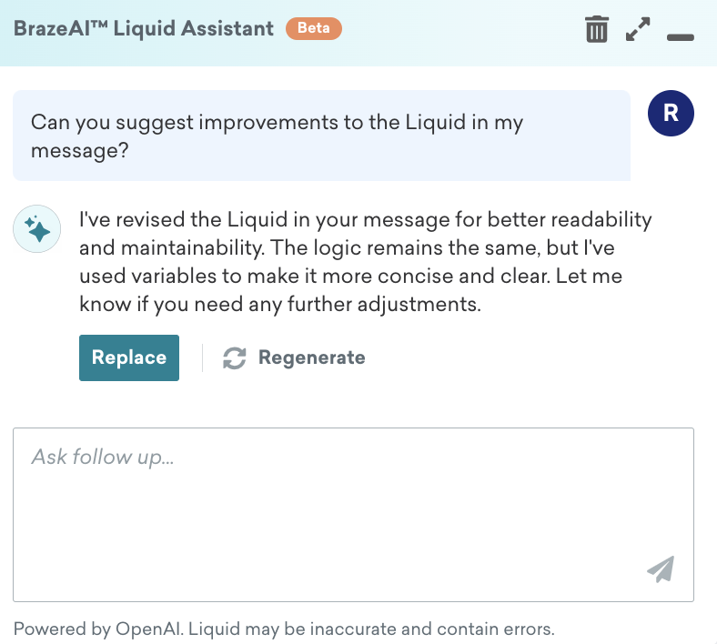 Exemplo de saída do prompt "Improve my Liquid" (Melhorar meu Liquid).