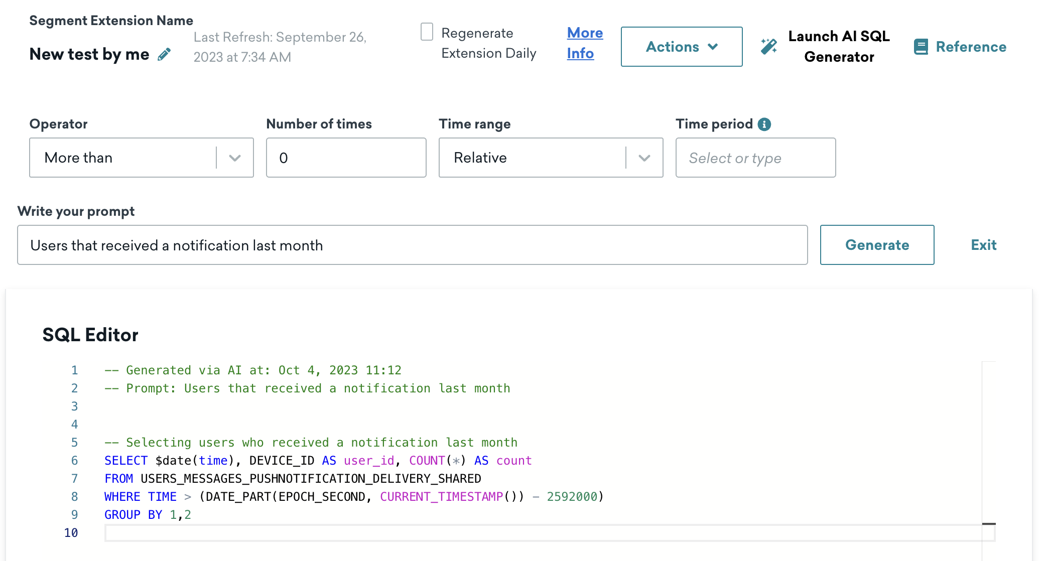 Gerador de IA SQL com o prompt "Usuários que receberam uma notificação no mês passado"