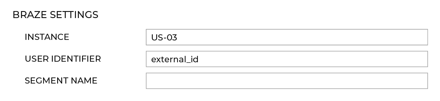 A seção de configurações da Braze com "US-03" como instância, "external_id" como identificador de usuário, nome do segmento em branco, "amperity-training-abc123" como bucket S3 e "braze-attributes" como pasta S3.