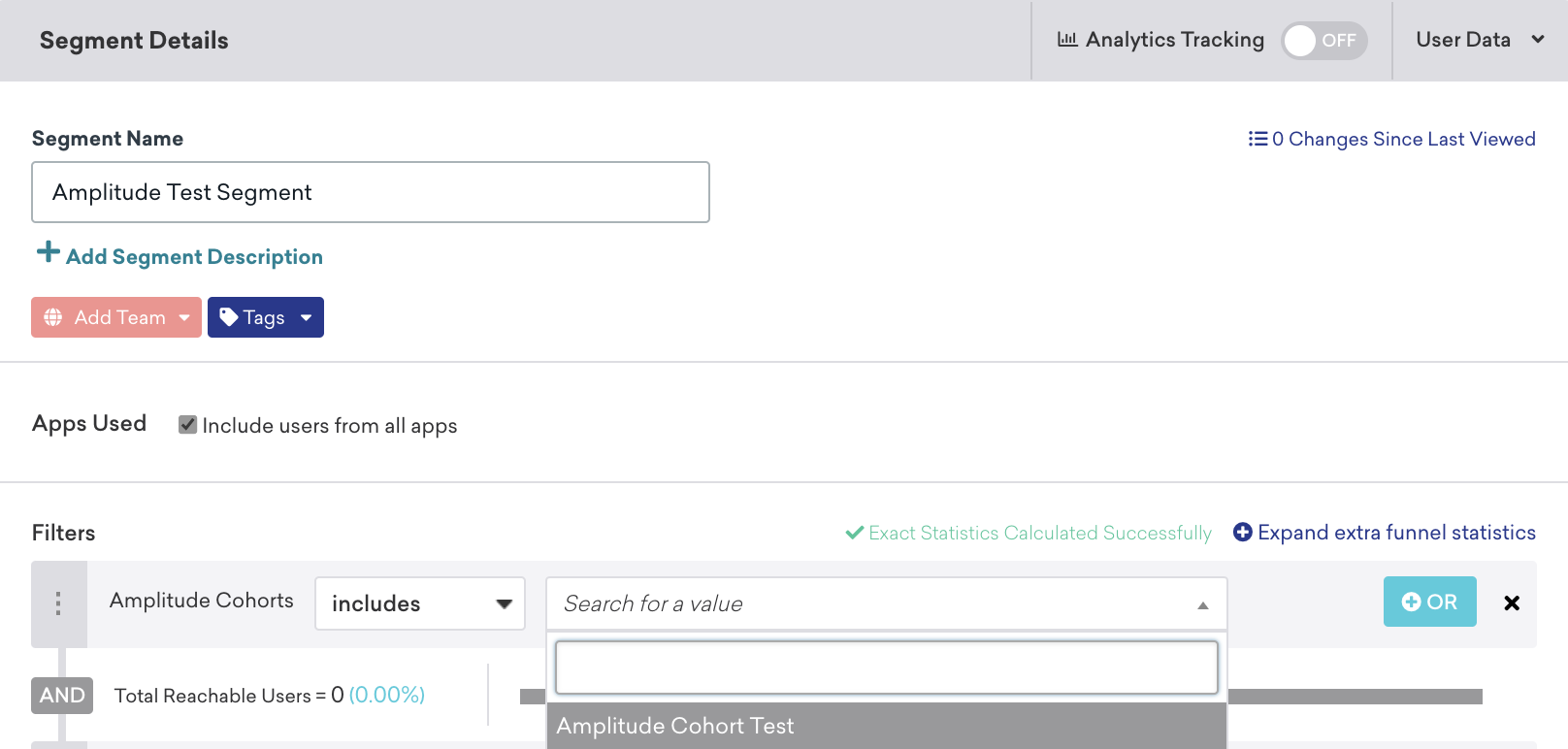 No criador de segmentos da Braze, o filtro "amplitude_cohorts" está definido como "includes_value" e "Amplitude cohort test".