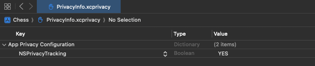 O arquivo 'PrivacyInfo.xcprivacy' aberto com "NSPrivacyTracking" definido como "YES".