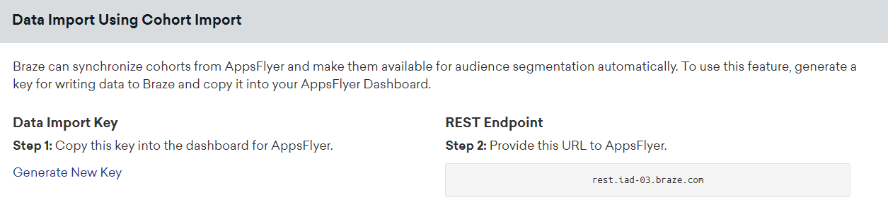 A caixa "Importação de dados usando a importação de coortes" na página de tecnologia da AppsFlyer. Essa caixa contém chave de importação de dados e o endpoint REST.