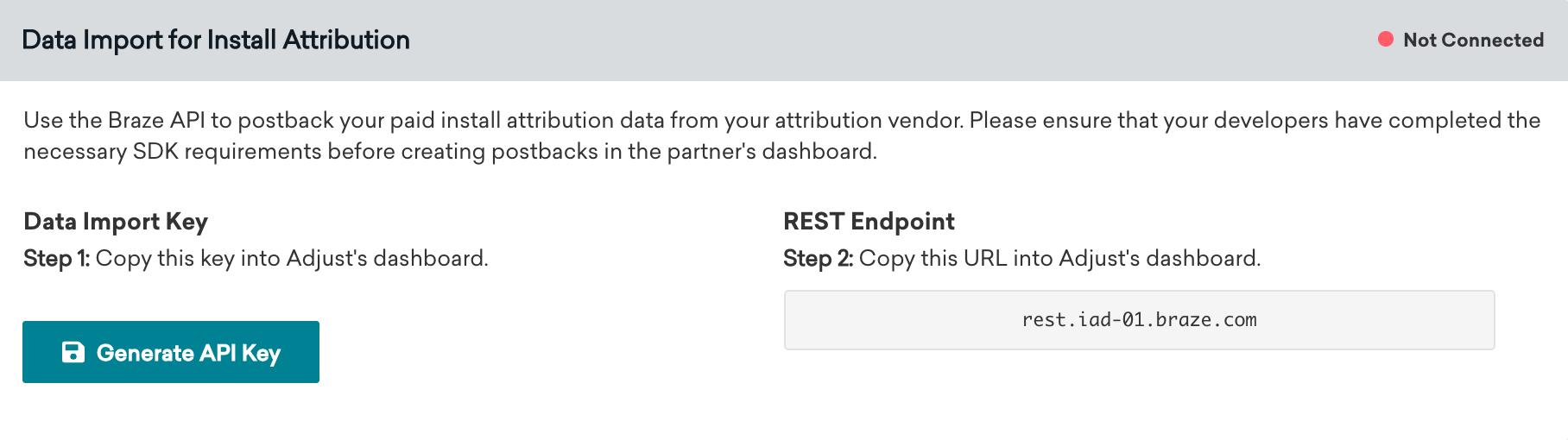 Esta imagem mostra a caixa "Data Import for Install Attribution" (Importação de dados para atribuição de instalação) encontrada na página de tecnologia Adjust (Ajustar). Essa caixa contém chave de importação de dados e o endpoint REST.