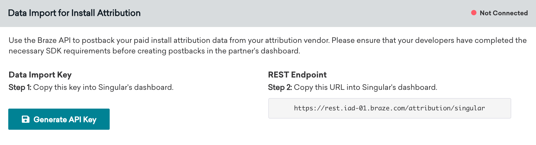 Esta imagem mostra a caixa "Data Import for Install Attribution" (Importação de dados para atribuição de instalação) encontrada na página da tecnologia Singular. Essa caixa contém chave de importação de dados e o endpoint REST.