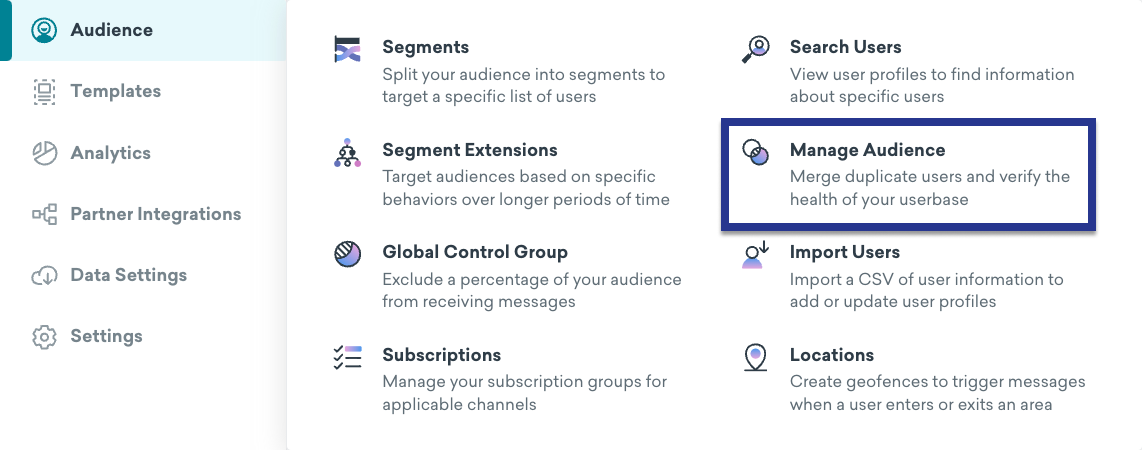 O bloco "Manage Audience" (Gerenciar público) destacado no menu de navegação.