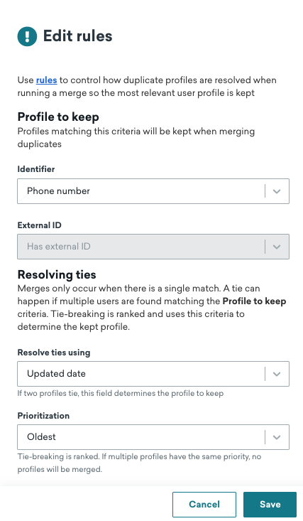 O painel "Edit rules" (Editar regras) com seções para selecionar opções para "Profile to keep" (Perfil a ser mantido) e "Resolving ties" (Resolver vínculos).