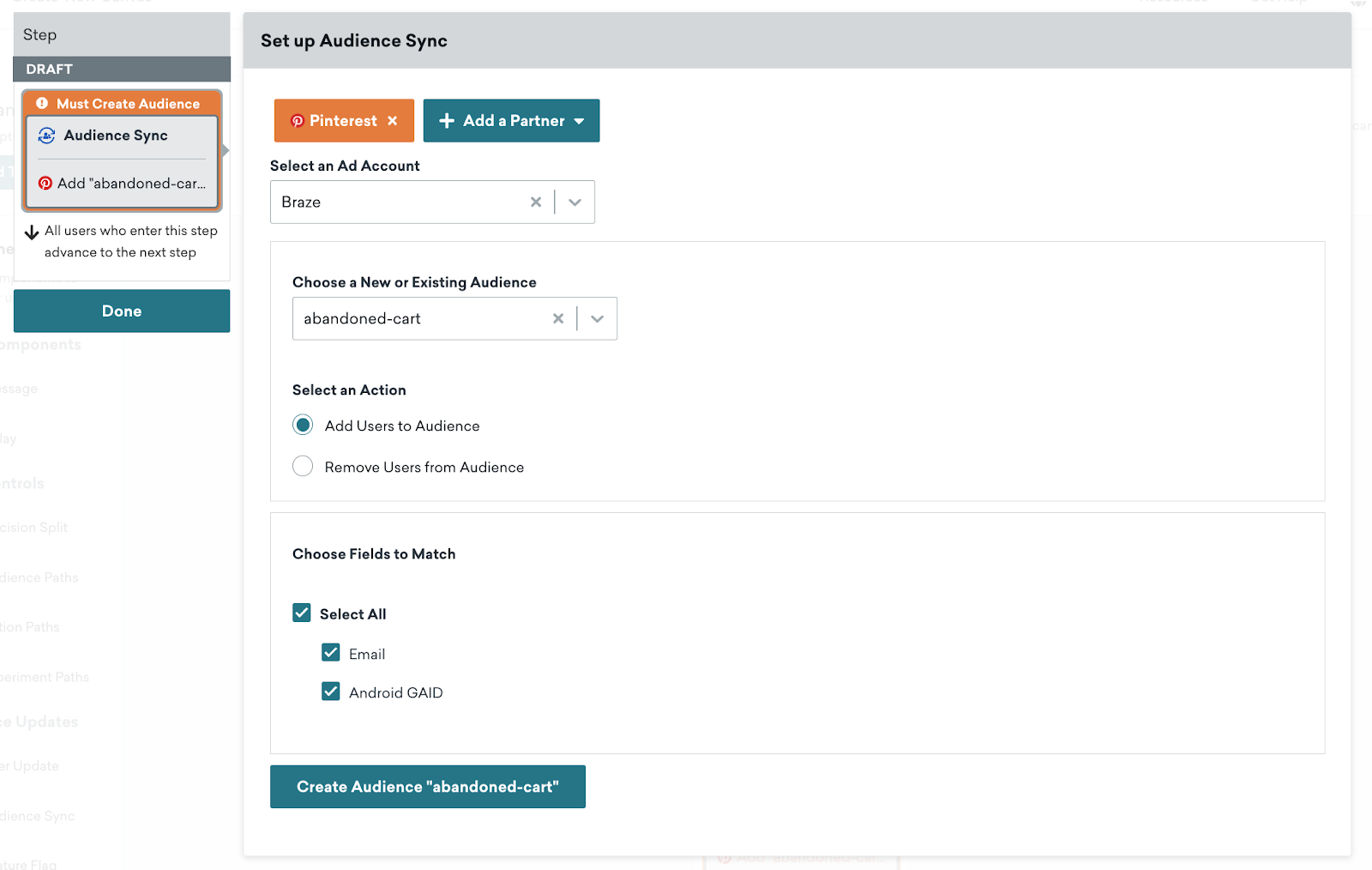 Visualização expandida da etapa do canva de público-alvo personalizado. Aqui a conta de anúncios desejada é selecionada, e um novo público é criado.