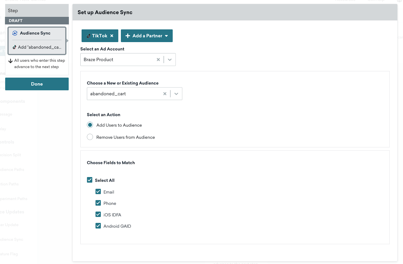 Visualização expandida da etapa do canva de público-alvo personalizado. Nesta etapa, a conta de anúncios desejada e o público existente são selecionados.