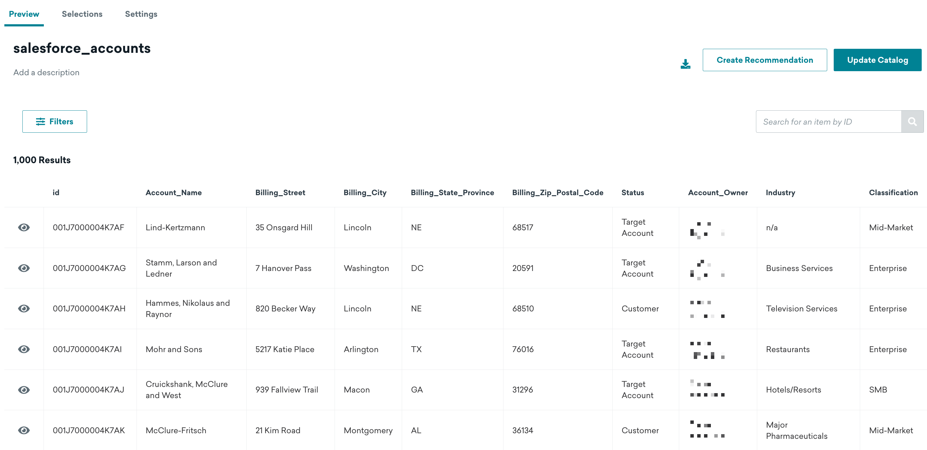 Tabela de contas do Salesforce com as respectivas informações, como endereço de cobrança e proprietário da conta.