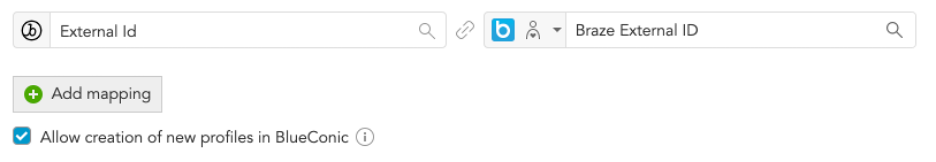 O campo "External ID" da Braze foi definido para mapear o campo "Braze external ID" (ID externo da Braze) da BlueConic.