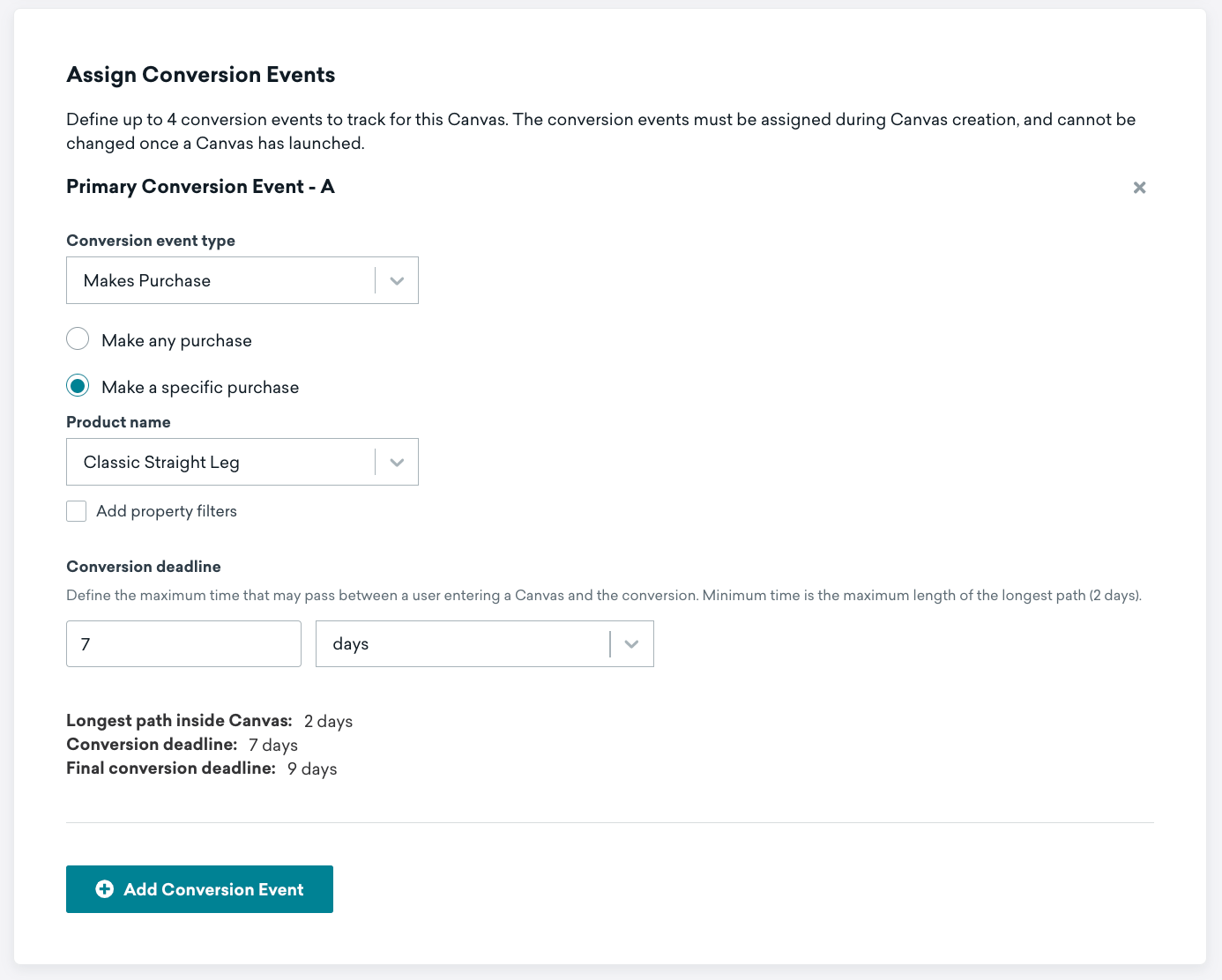 Seção "Atribuir eventos de conversão" para o tipo de evento de conversão de compra do produto Classic Straight Leg com um prazo de conversão de 7 dias.