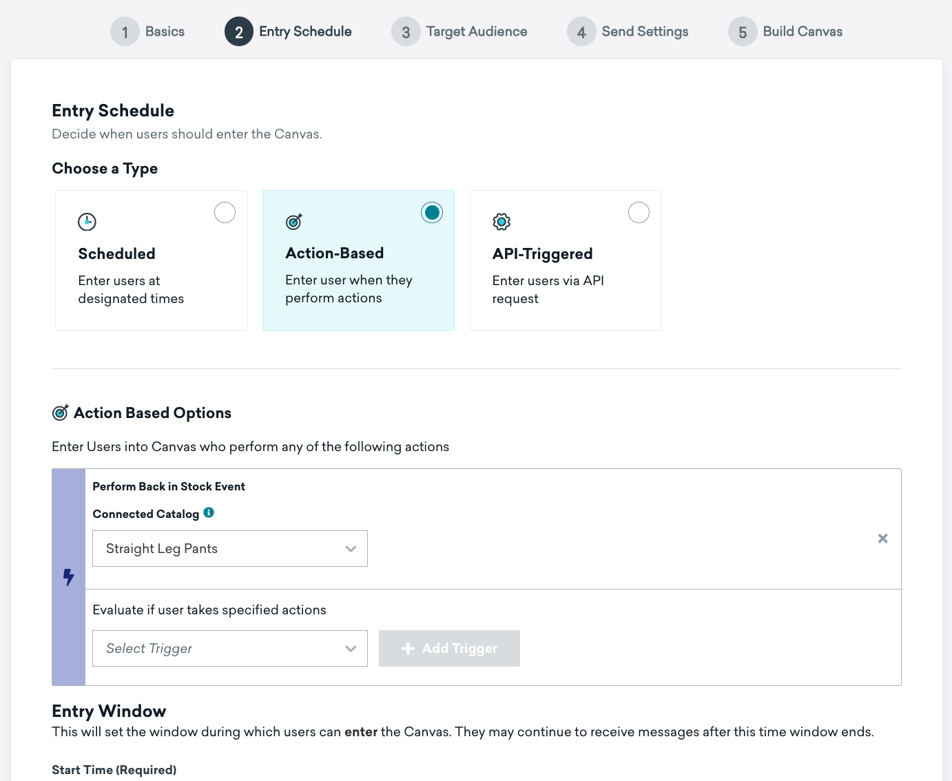 Etapa do "Entry Schedulde" para um Canva baseado em ações.