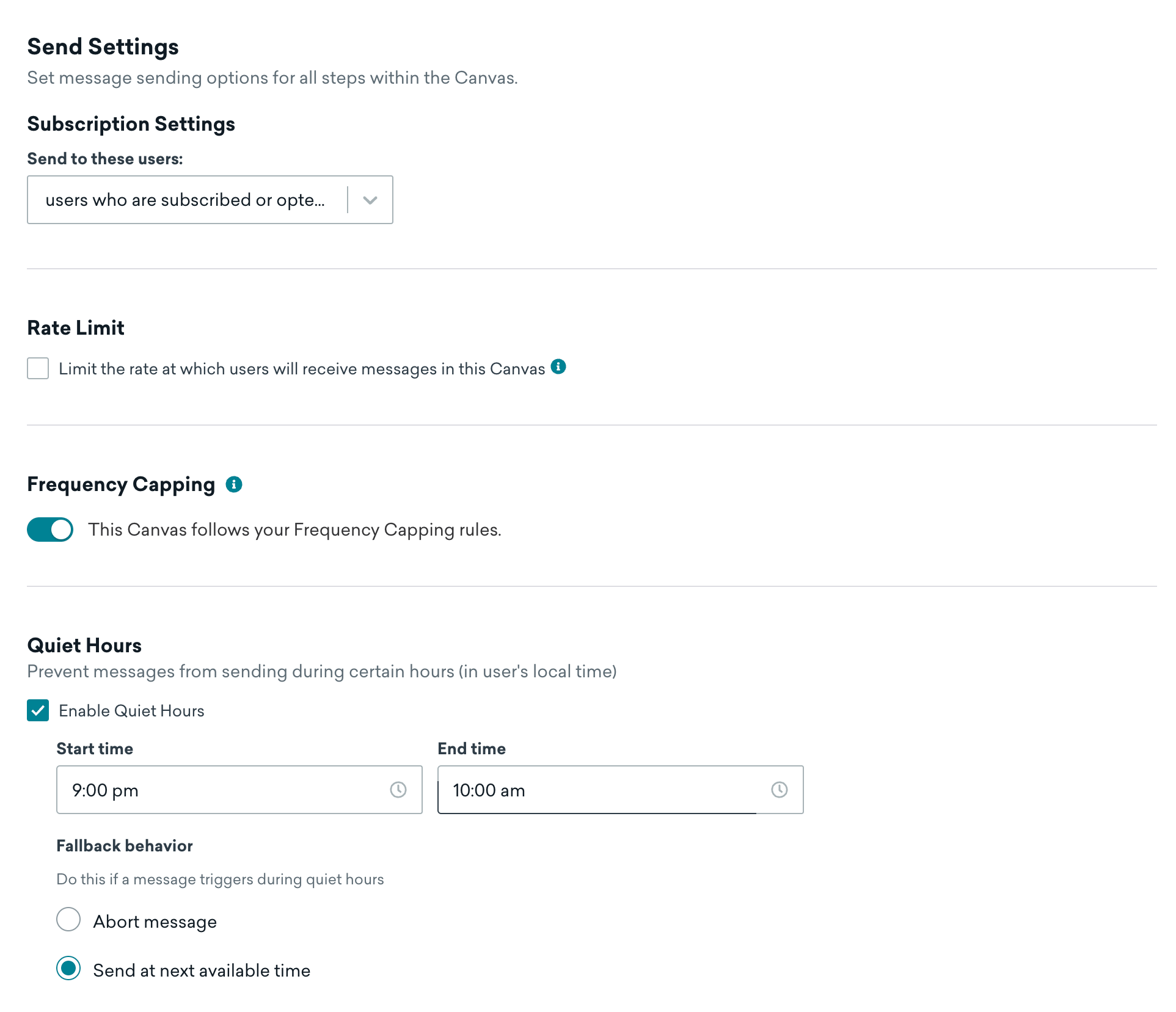 Etapa "Send Settings" (Configurações de envio) direcionando os usuários inscritos ou com aceitação. O Horário de silêncio está ativado.