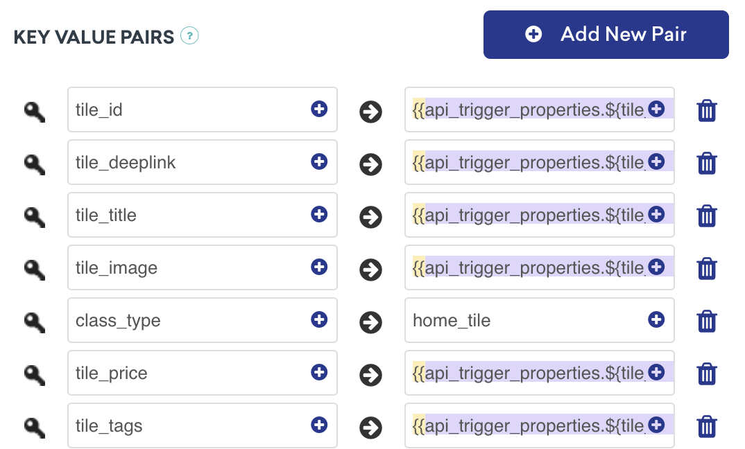 Os pares de valores-chave para o caso de uso de cartões de conteúdo suplementar. Neste exemplo, diferentes aspectos do cartão, como "tile_id", "tile_deeplink" e "tile_title", são definidos usando o Liquid.