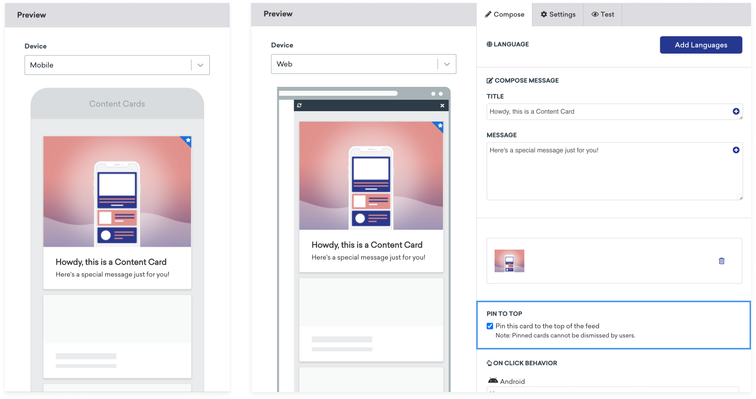 Lado a lado da prévia do cartão de conteúdo no Braze para celular e Web com a opção "Fixar este cartão na parte superior do feed" selecionada.