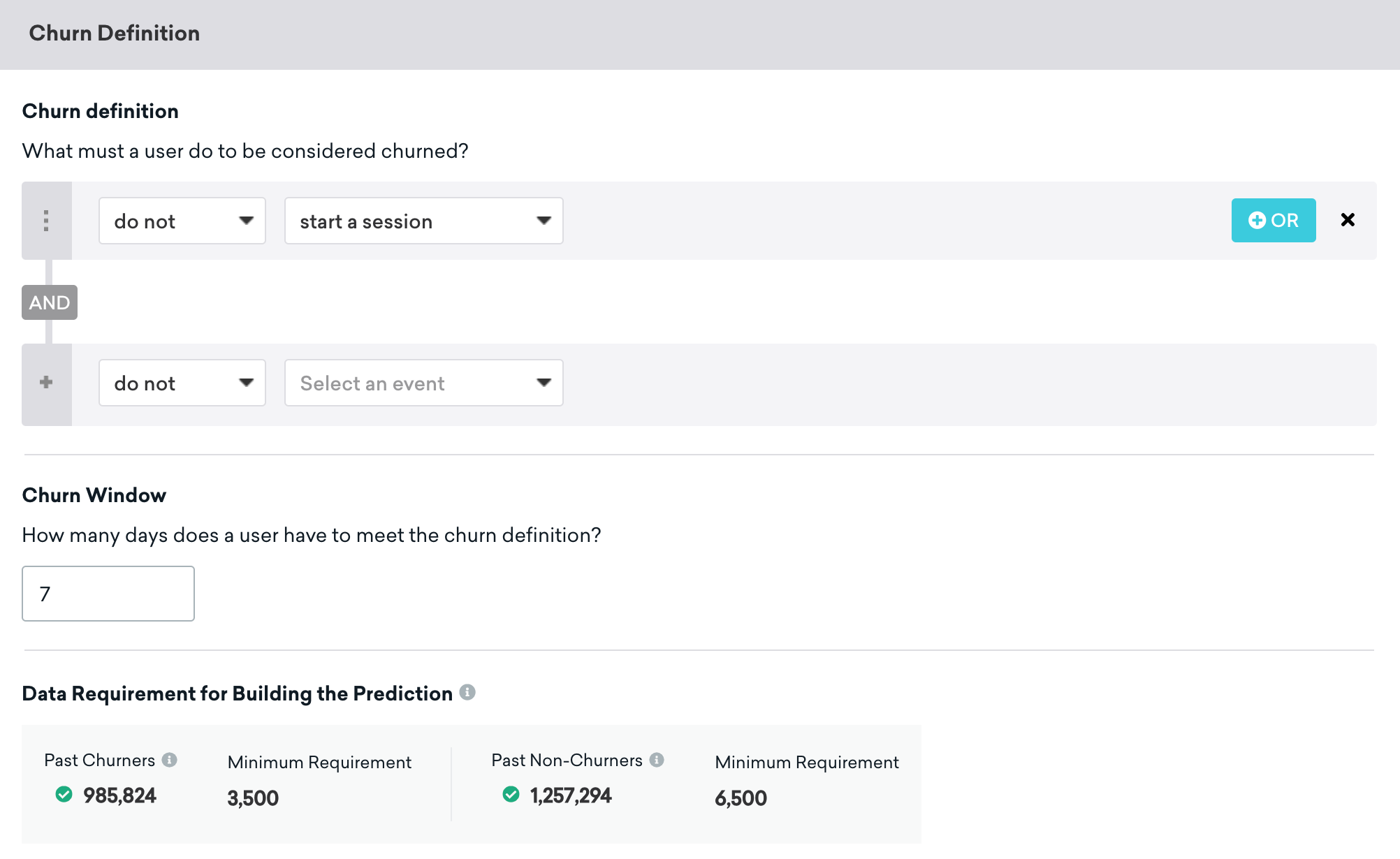 Churn Definition (Definição de rotatividade), em que um usuário é considerado churn se não iniciar uma sessão em 7 dias