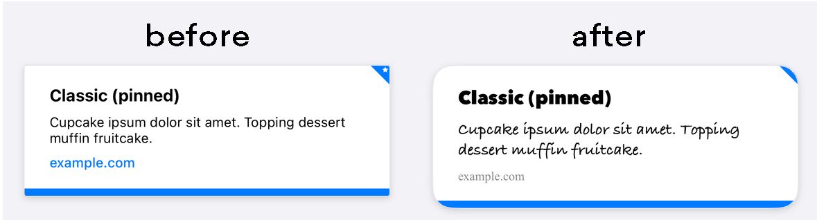 Dois cartões de conteúdo, um com a fonte padrão e os cantos quadrados e outro com os cantos arredondados e uma fonte encaracolada