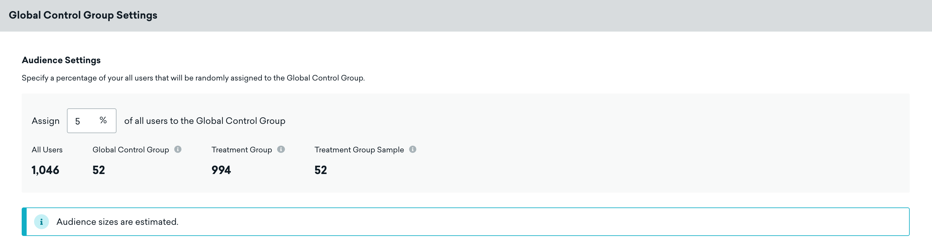 As Configurações do Grupo de Controle Global com as Configurações de Público definidas como "Atribuir cinco por cento de todos os usuários ao Grupo de Controle Global".