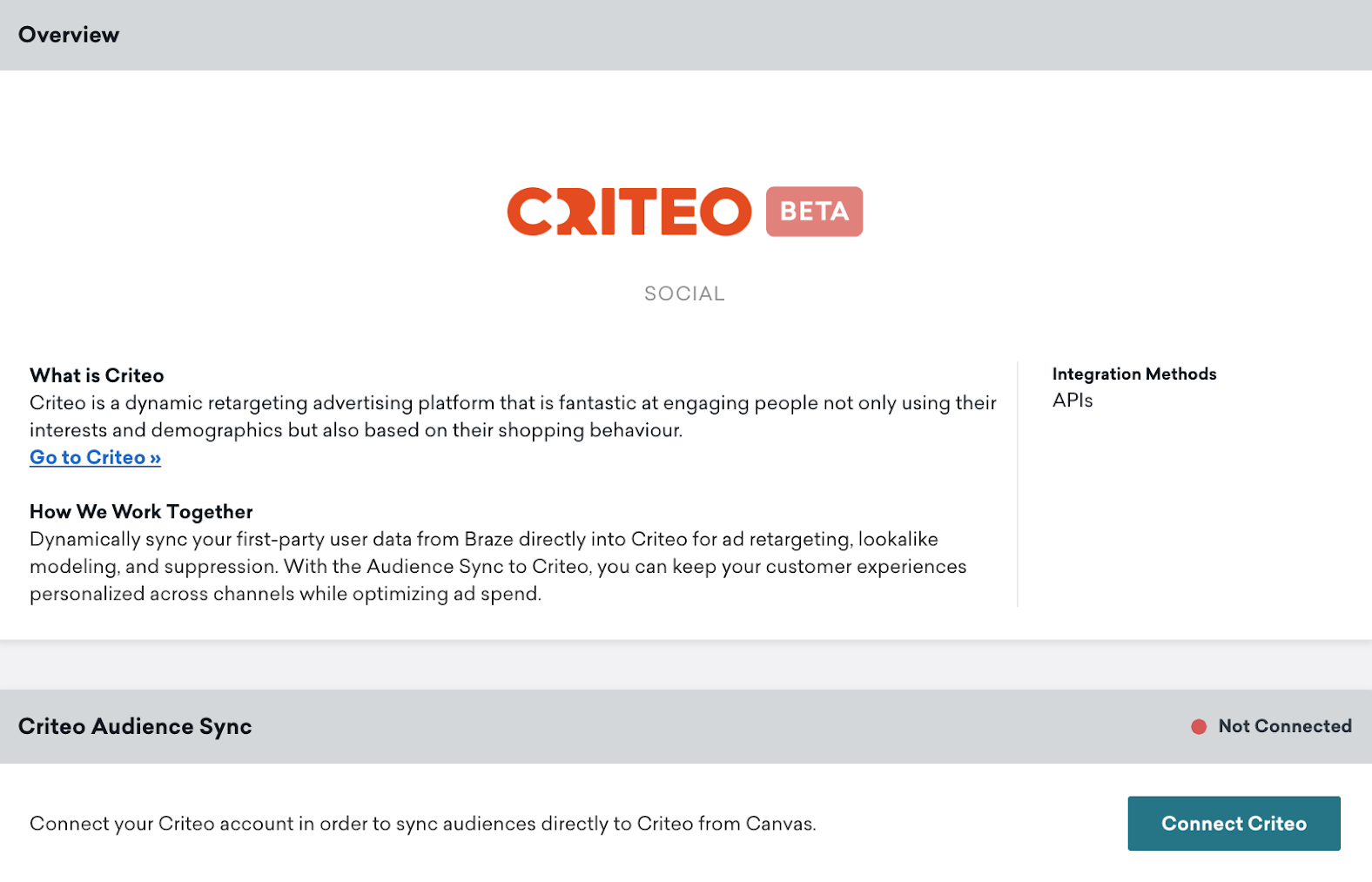 Página da tecnologia Criteo no Braze que inclui uma seção Visão geral e uma seção Criteo com o botão Criteo conectado.