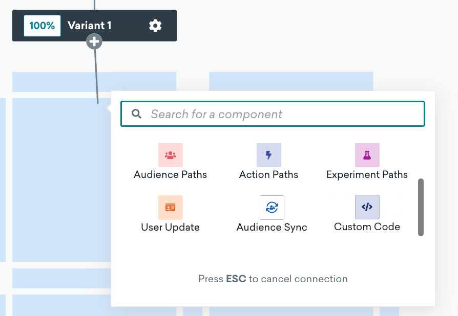 Fluxo de trabalho das etapas anteriores para adicionar um componente do público da Criteo no Canvas Flow.