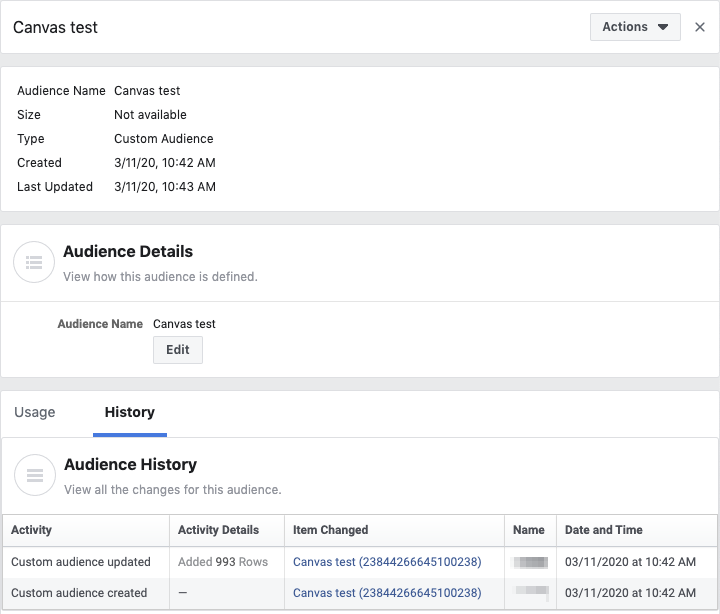 Detalhes do público e a guia de histórico para um determinado público do Facebook, com uma tabela de histórico do público com colunas de atividade, detalhes da atividade, itens alterados e data e hora.