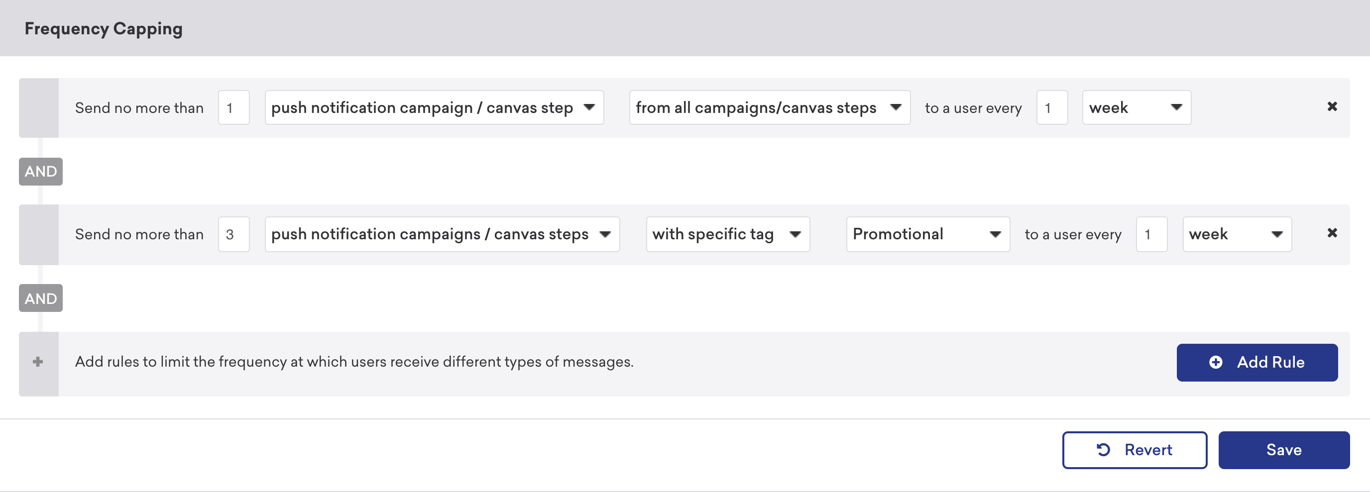 Seção de limite de frequência com regras conflitantes para limitar quantas campanhas de notificação por push/etapas do canva são enviadas a um usuário a cada 1 semana.