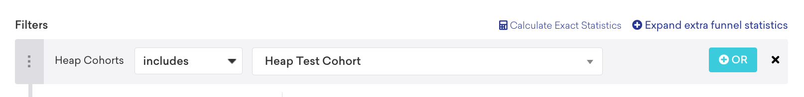 No criador de segmentos da Braze, o filtro de atribuições do usuário "Coorte do Heap" está definido como "inclui" e "Coorte de teste do Heap".