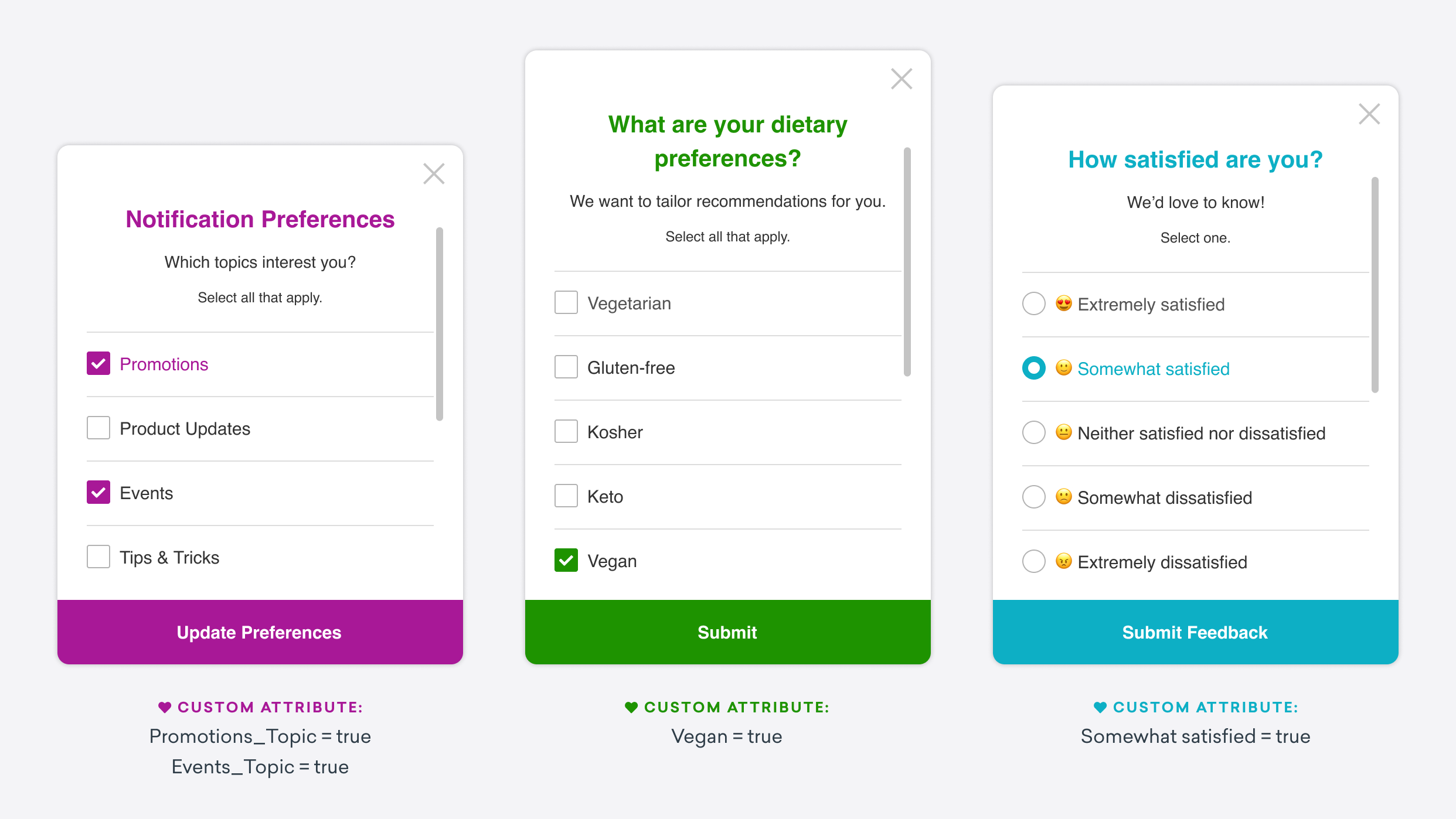 Três mensagens de pesquisa simples: preferências de notificação, preferências alimentares e uma pesquisa de satisfação do cliente. As opções selecionadas nas pesquisas correspondem a atributos personalizados que serão registrados para aquele usuário.