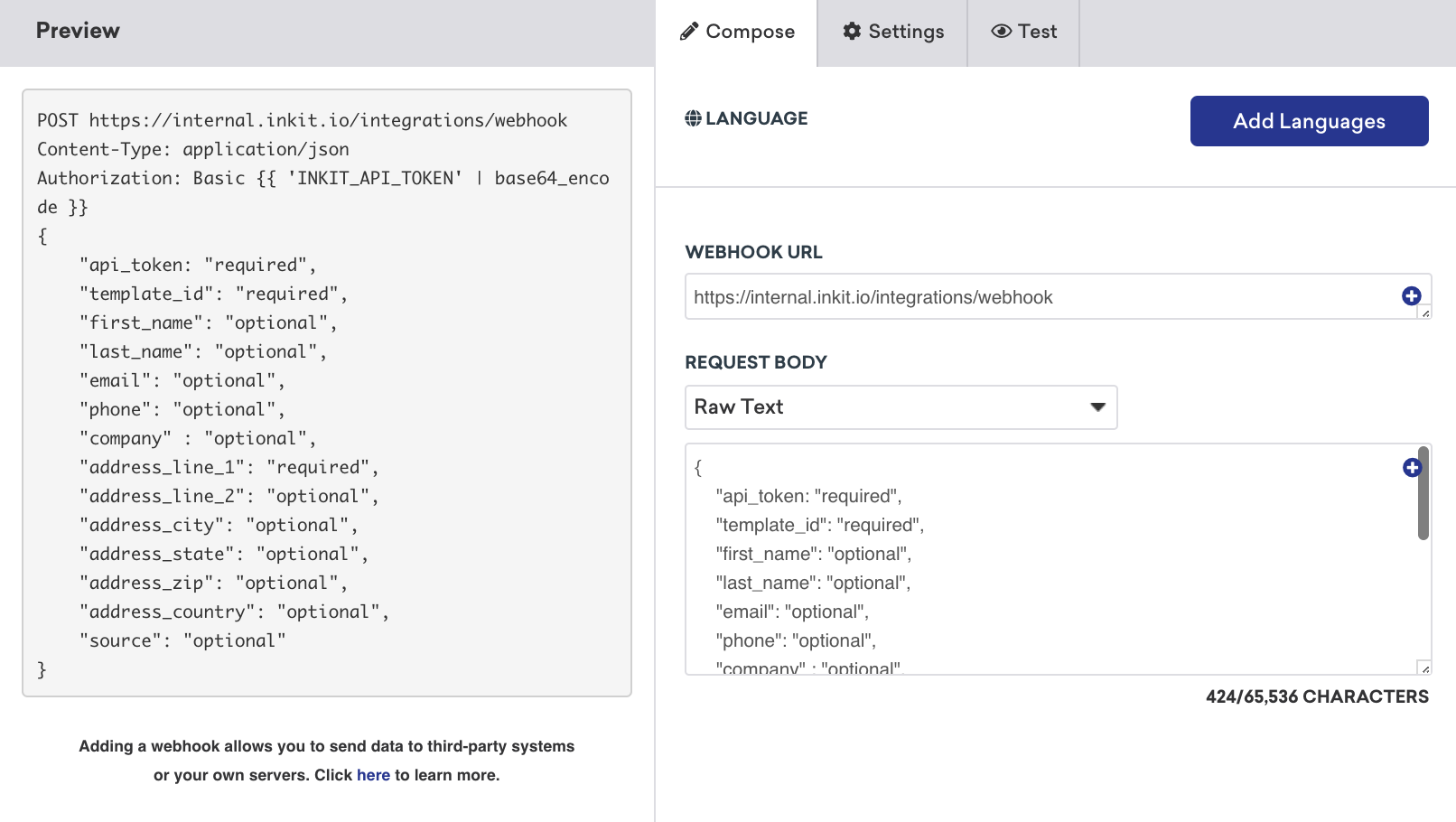 O código do corpo da solicitação e o URL do webhook são exibidos na guia de composição do criador de webhooks do Braze.