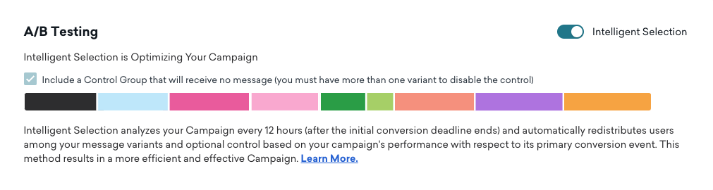 Seção Testes A/B de uma campanha com a Seleção Inteligente ativada.