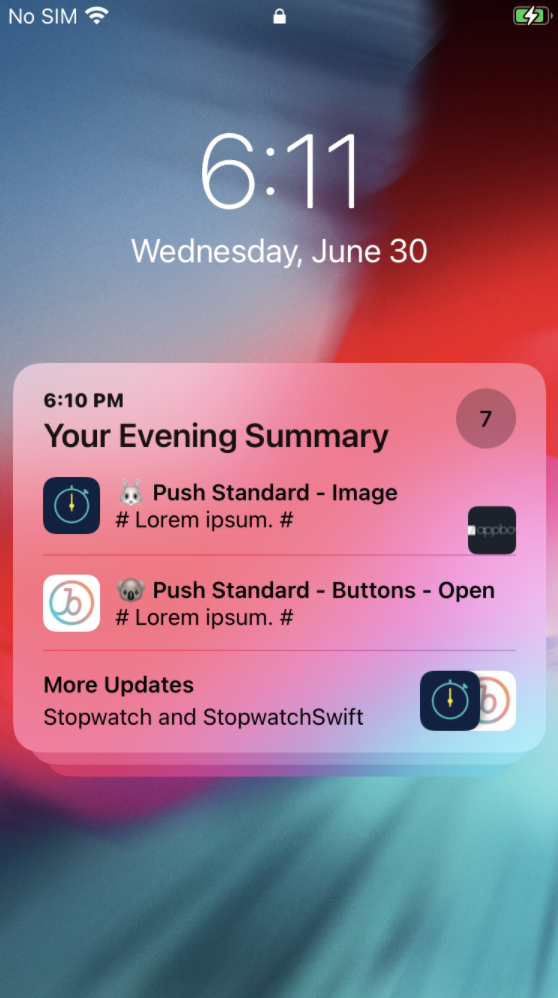 Um resumo de notificação para iOS intitulado "Your Evening Summary" (Seu resumo da noite) com três notificações.