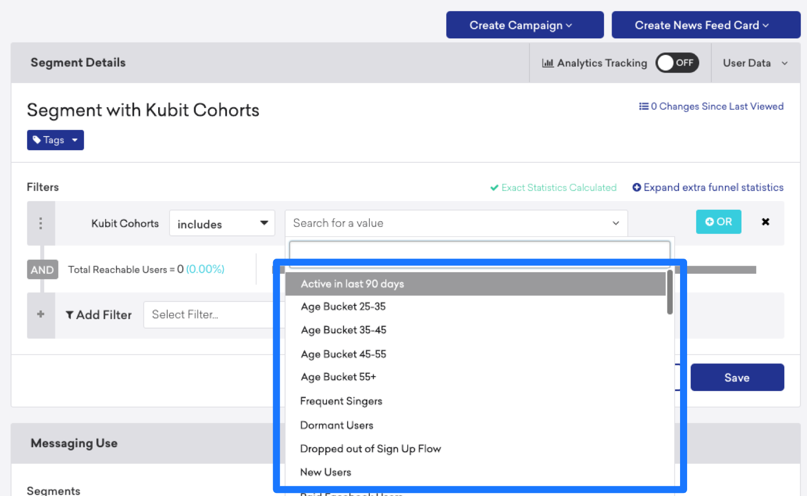 No criador de segmentos da Braze, o atributo de usuário "Kubit cohorts" é definido como "includes_value" e mostra uma lista de coortes disponíveis.