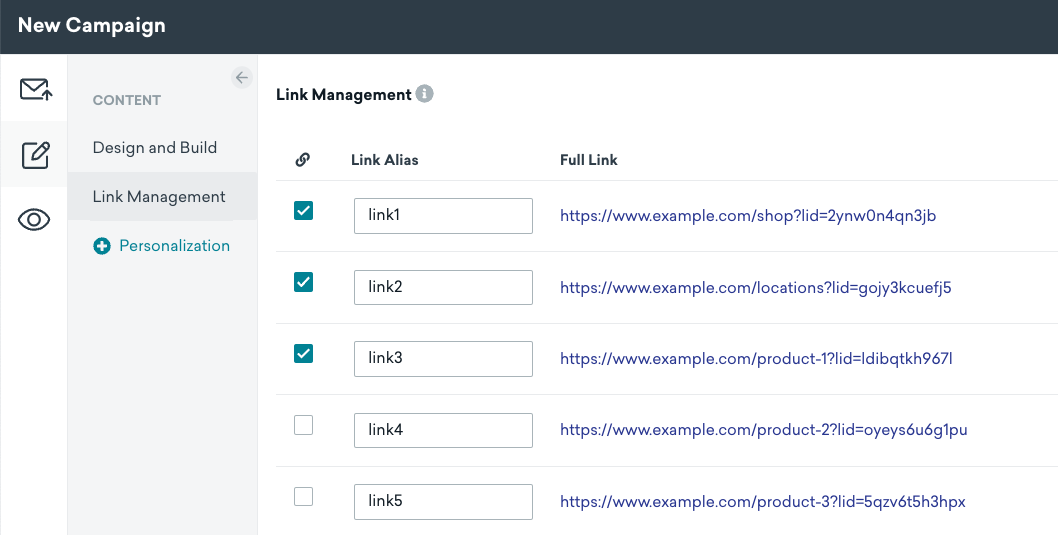 Guia Gerenciamento de links do editor de arrastar e soltar de e-mail.