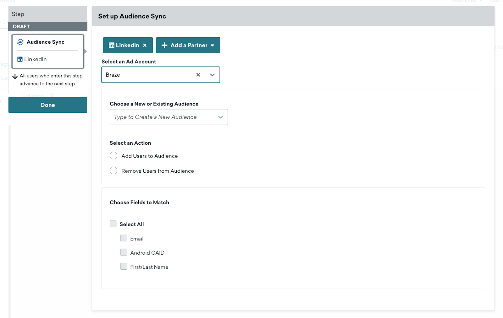 Sincronização de Público com LinkedIn com Braze selecionado como a conta de anúncio.