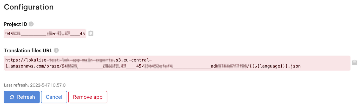 Configuração do Braze no Lokalise listando o ID do projeto e o URL dos arquivos de tradução.