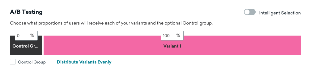 Painel de Testes A/B em uma campanha do Braze com 100% de distribuição de variante atribuída à Variante 1 e nenhum grupo de controle.