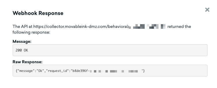 Mensagem de resposta do webhook no Braze mostrando uma resposta 200 OK.