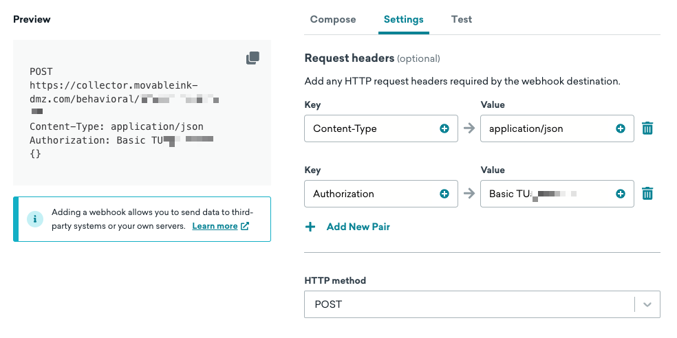 Guia de configurações do criador de webhook na Braze com pares de chave-valor para tipo de conteúdo e autorização.