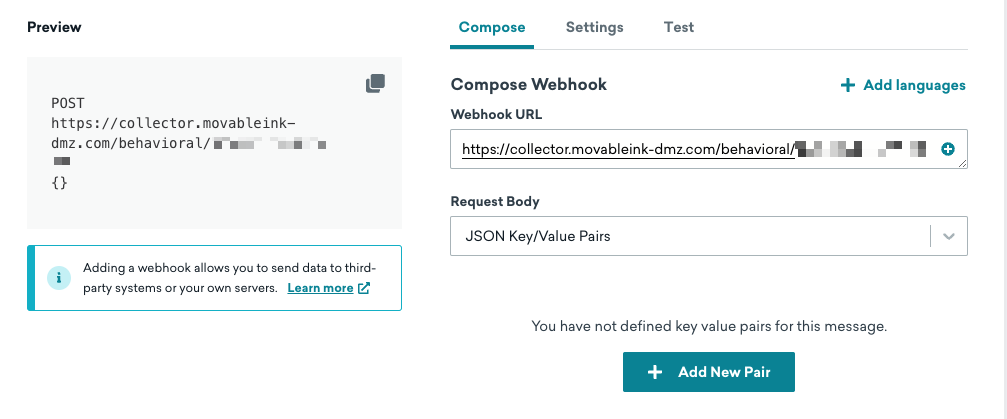 Guia de composição do criador de webhook na Braze com o URL do endpoint da Movable Ink e o corpo da solicitação definido como pares de chave-valor JSON.