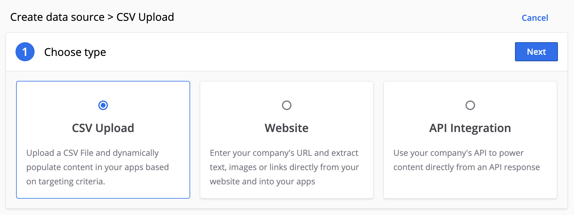 Diferentes opções de fonte de dados que serão exibidas: upload de CSV, site ou integração de API.