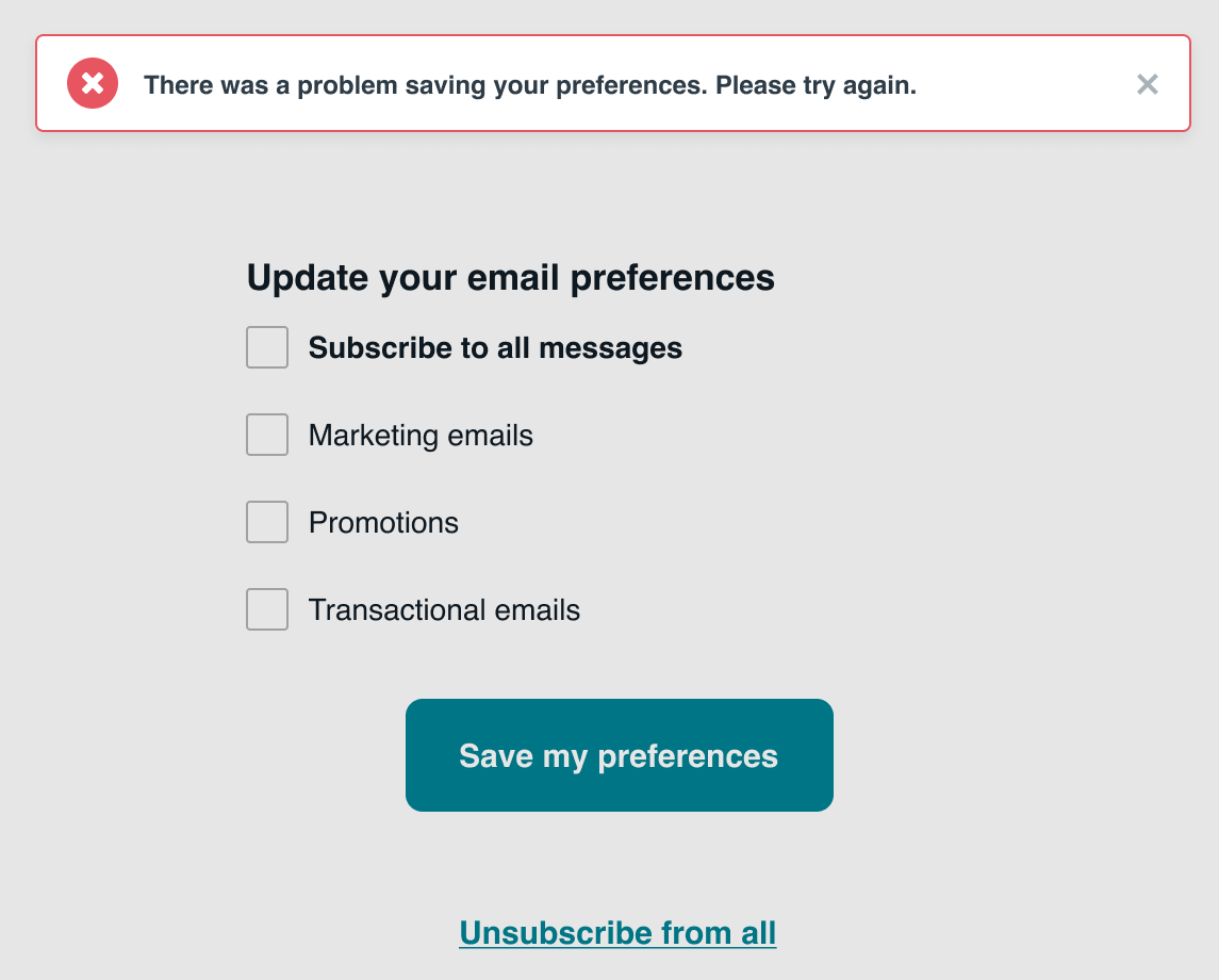 Um erro de "Houve um problema ao salvar suas preferências. Por favor, tente novamente".