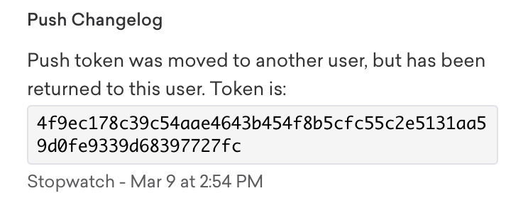 Changelog do push com um exemplo de token por push.