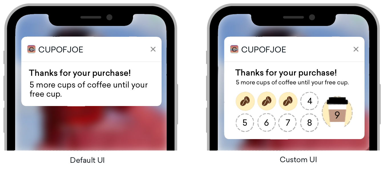 Duas mensagens push mostradas lado a lado. A mensagem à esquerda mostra a aparência de um push com a UI padrão. A mensagem à direita mostra um push de cartão perfurado de café feito com a implementação de uma UI de push personalizada.