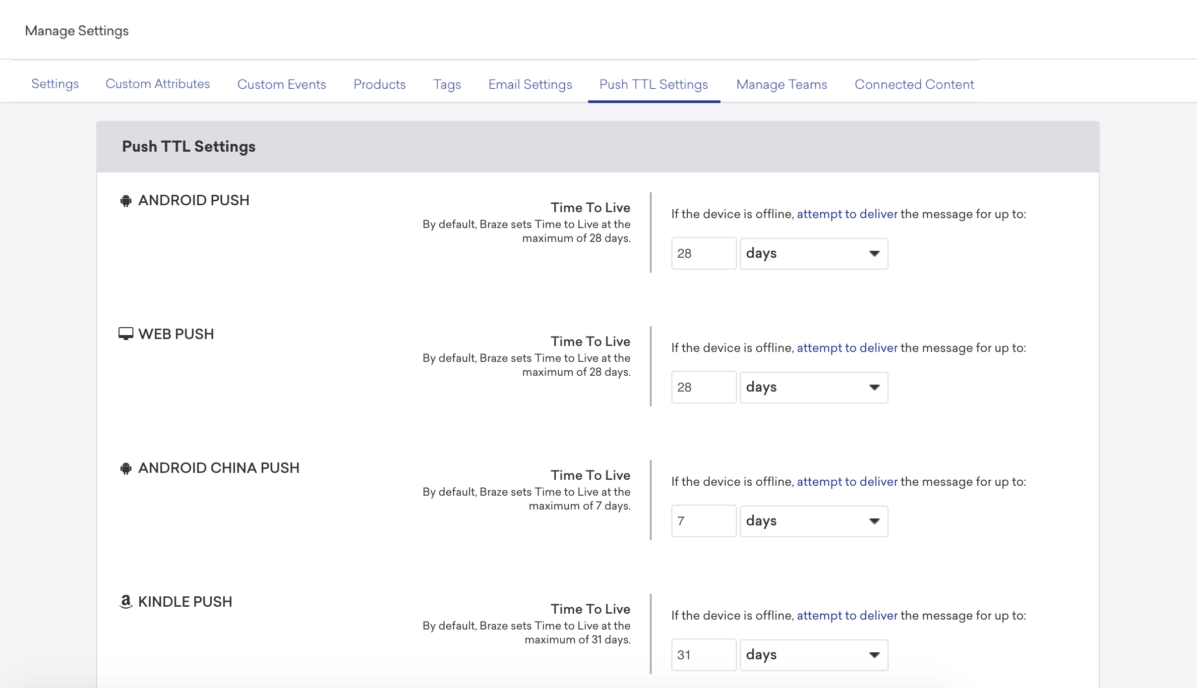 Guia de configurações de Push TTL no menu de Configurações