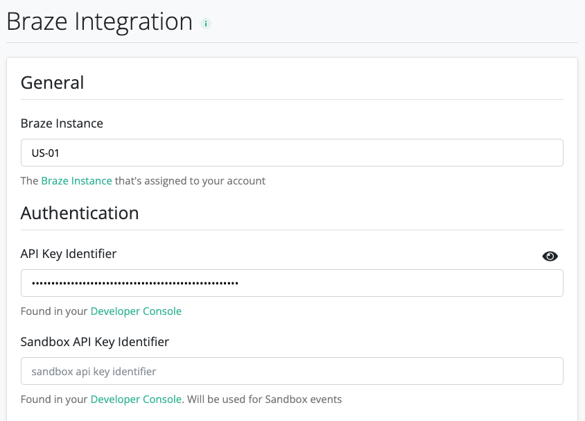 Configurações da Braze na RevenueCat com campos para a instância da Braze, identificador da chave de API e identificador da sandbox.