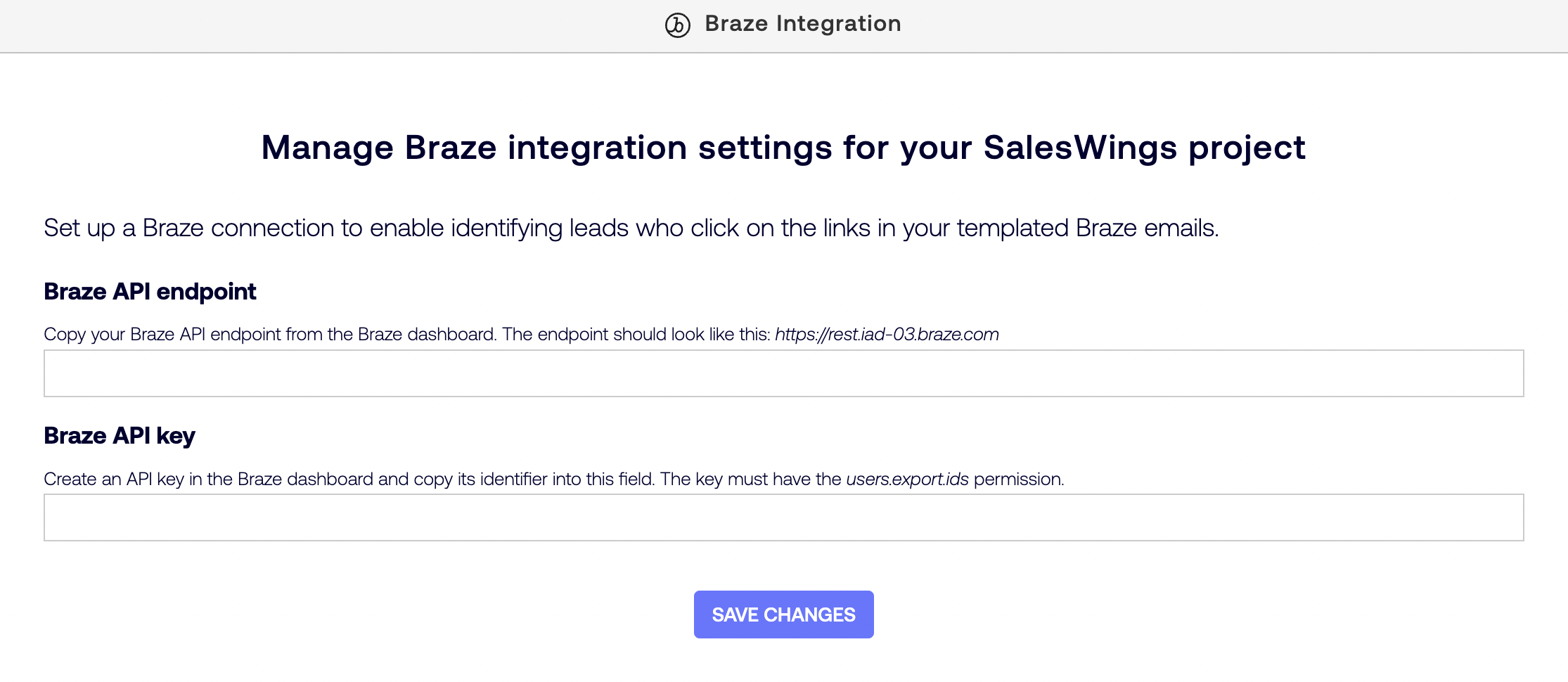 A seção de Integração da Braze na página de Configurações do SalesWings.