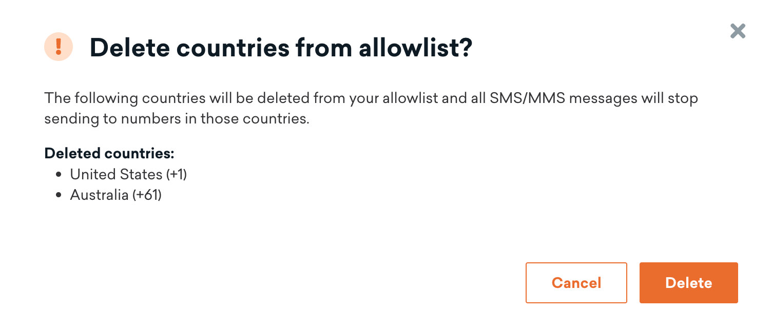 Modal de aviso confirmando os países que serão excluídos da lista de permissões.