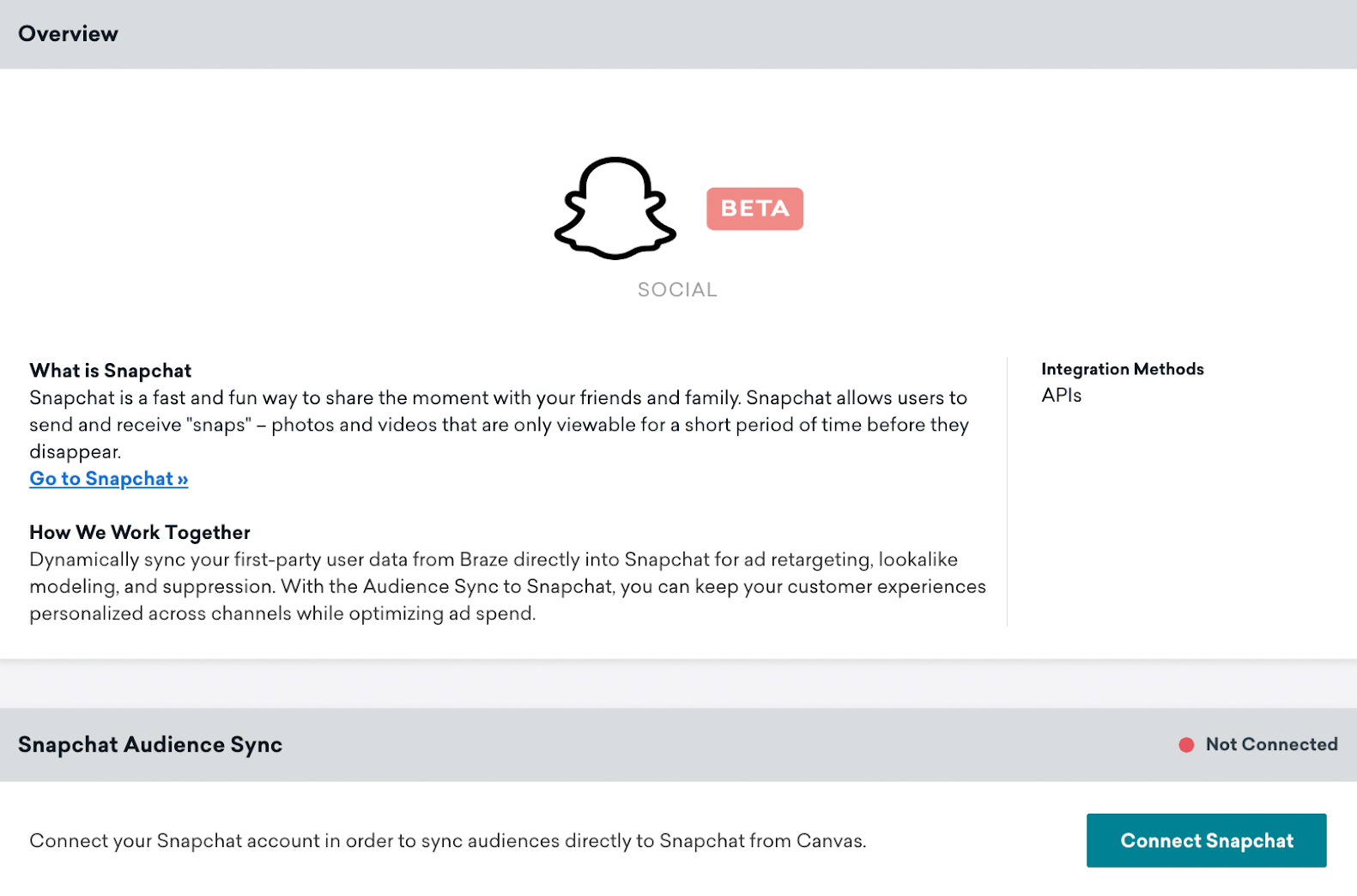 Página de tecnologia do Snapchat no Braze que inclui uma seção de Visão geral e uma seção de sincronização do público do Snapchat com o botão Snapchat conectado.