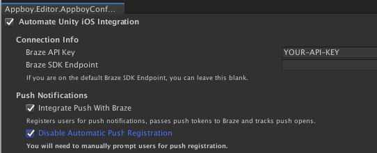 O editor do Unity mostra as opções de configuração do Braze. Nesse editor, as capacitações "Automate Unity iOS integration", "integrate push with braze" e "disable automatic push registration" estão ativadas.